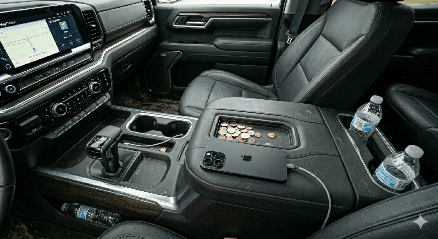 Cluttered Chevy Silverado center console — loose change, sunglasses, a phone tossed in, water bottles wedged into the door pockets. The everyday accumulation that turns a once-pristine cabin into another chore.