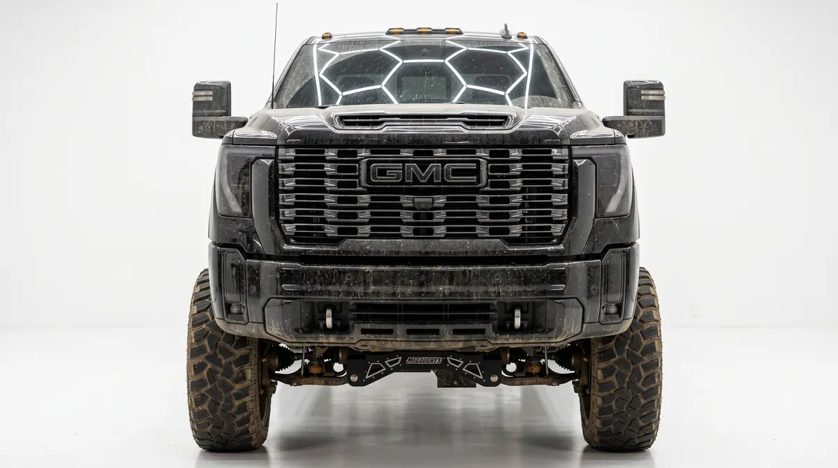 A black GMC truck before its detail — road film and dust on the paint and dried trail mud caked on the tires