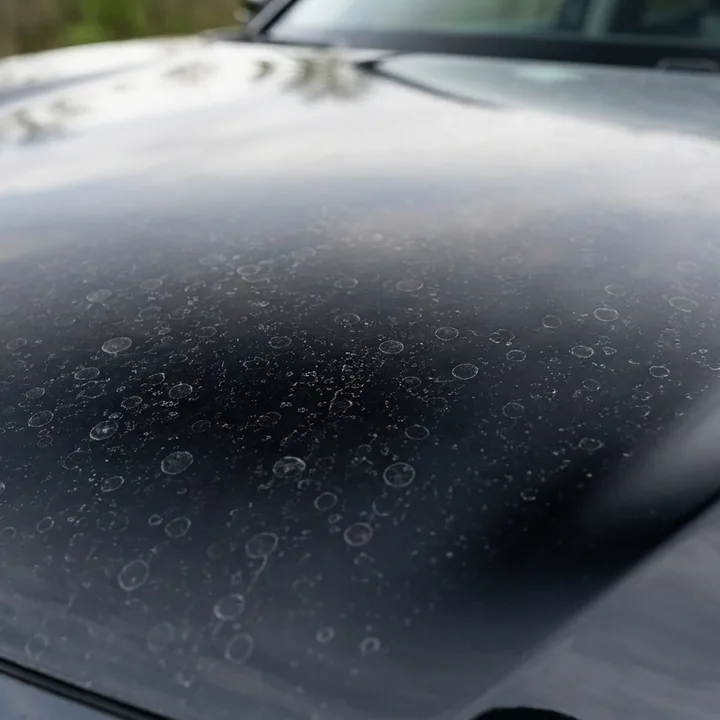 Hard-water mineral spots scattered across a dark glossy car hood before a water spot removal treatment