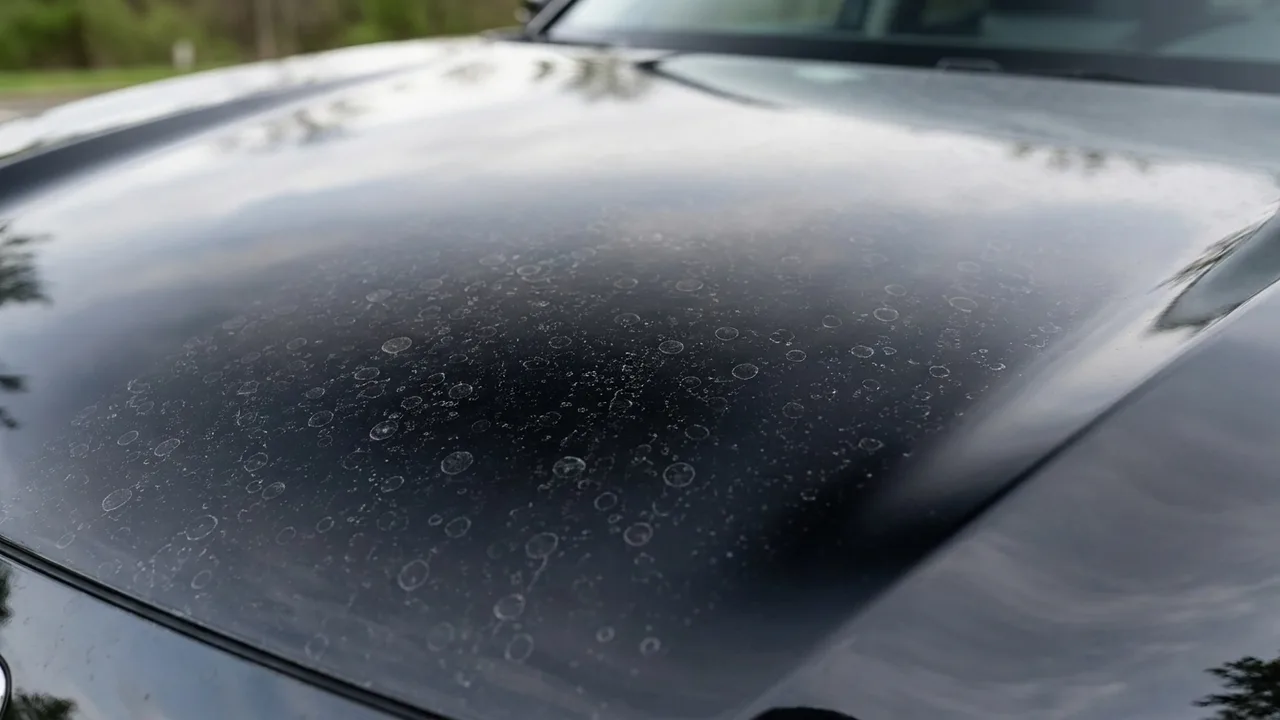 Hard-water mineral spots scattered across a dark glossy car hood before a water spot removal treatment
