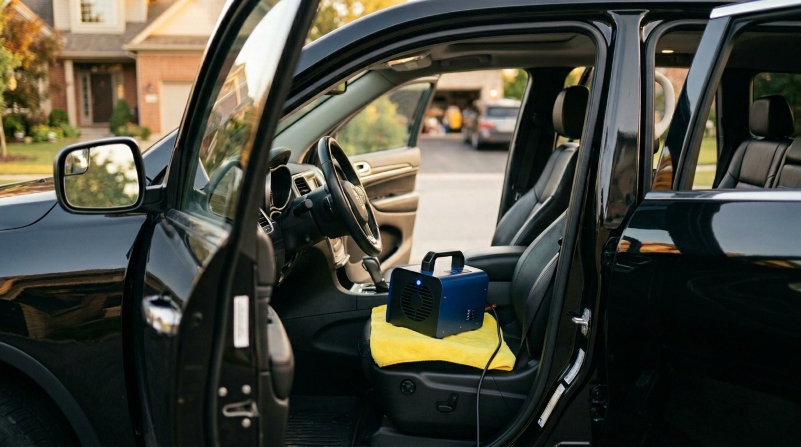 Portable ozone generator glowing on a microfiber on the front seat of a black SUV, doors open in a Mid-Michigan driveway — a 30-minute ozone treatment that breaks down cigarette smoke, pet, and spill odors at the molecular level.