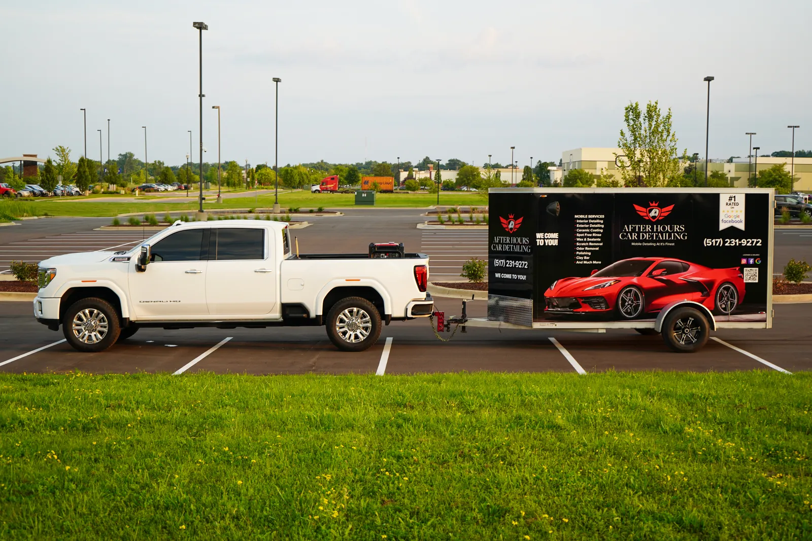 After Hours Car Detailing's mobile rig — a branded truck and trailer, fully equipped to detail your car at your home or office across Mid-Michigan